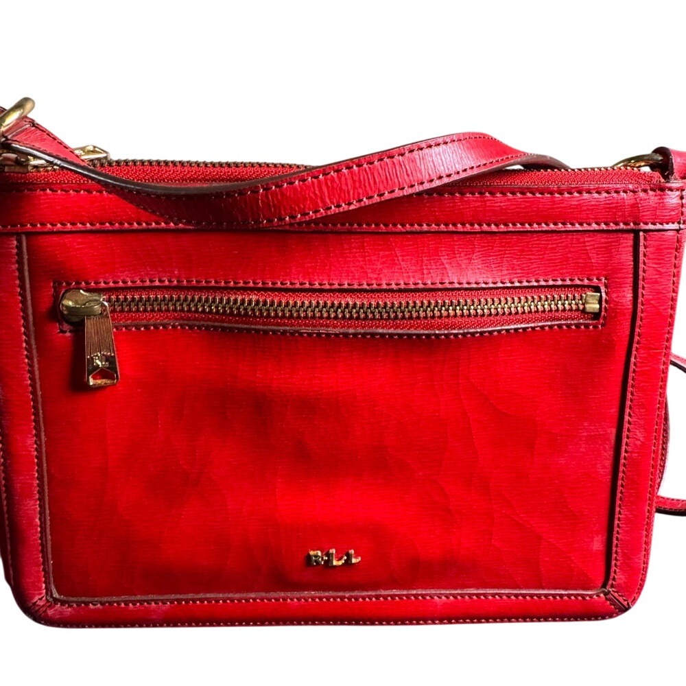 Ralph Lauren‎ Red Leather Crossbody Bag Gold Tone Hardware Zippered Pocket